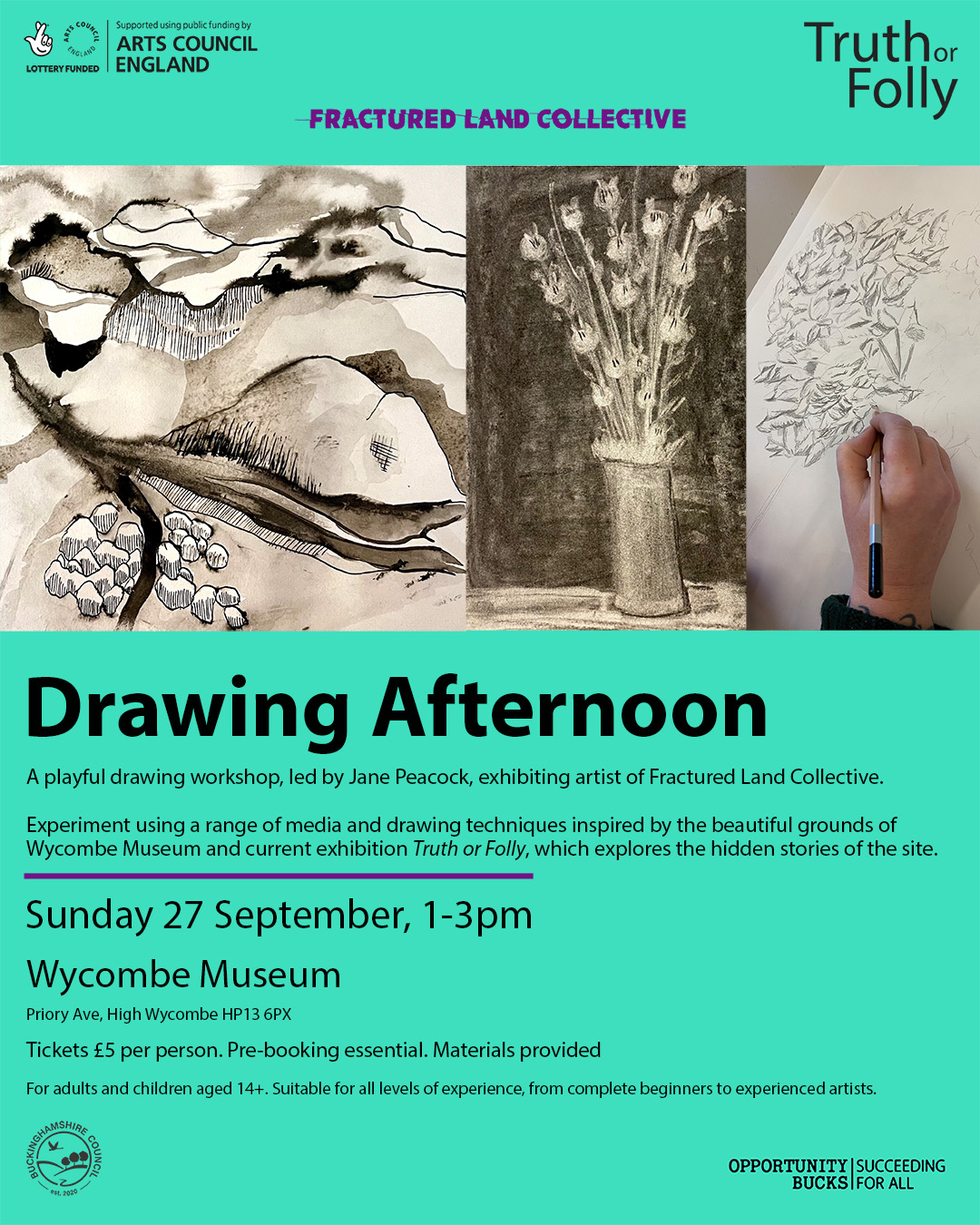 Drawing Afternoon Truth or Folly drawing workshop at Wycombe Museum, Sunday 27 September, 1–3pm. Event flyer featuring artwork and booking details.