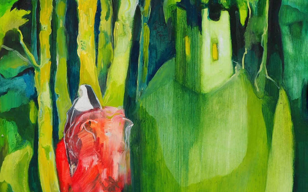 Artists Talk - detail of painting by Jane Peacock of a folly and red lion.