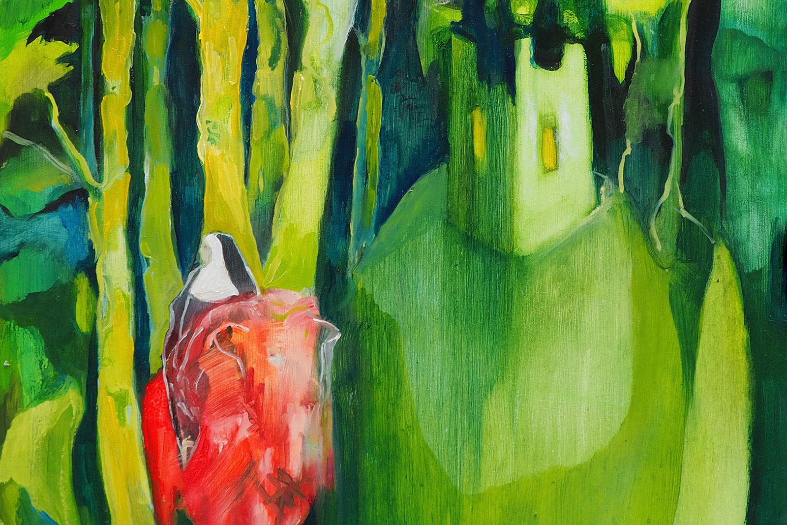 Artists Talk - detail of painting by Jane Peacock of a folly and red lion.